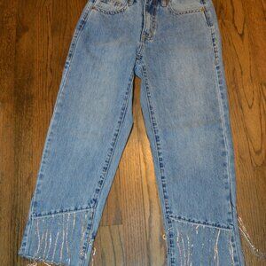 Rock & Roll Denim Straight Cropped High Rise Rhinestone Fringe Jeans 24/25 NWT